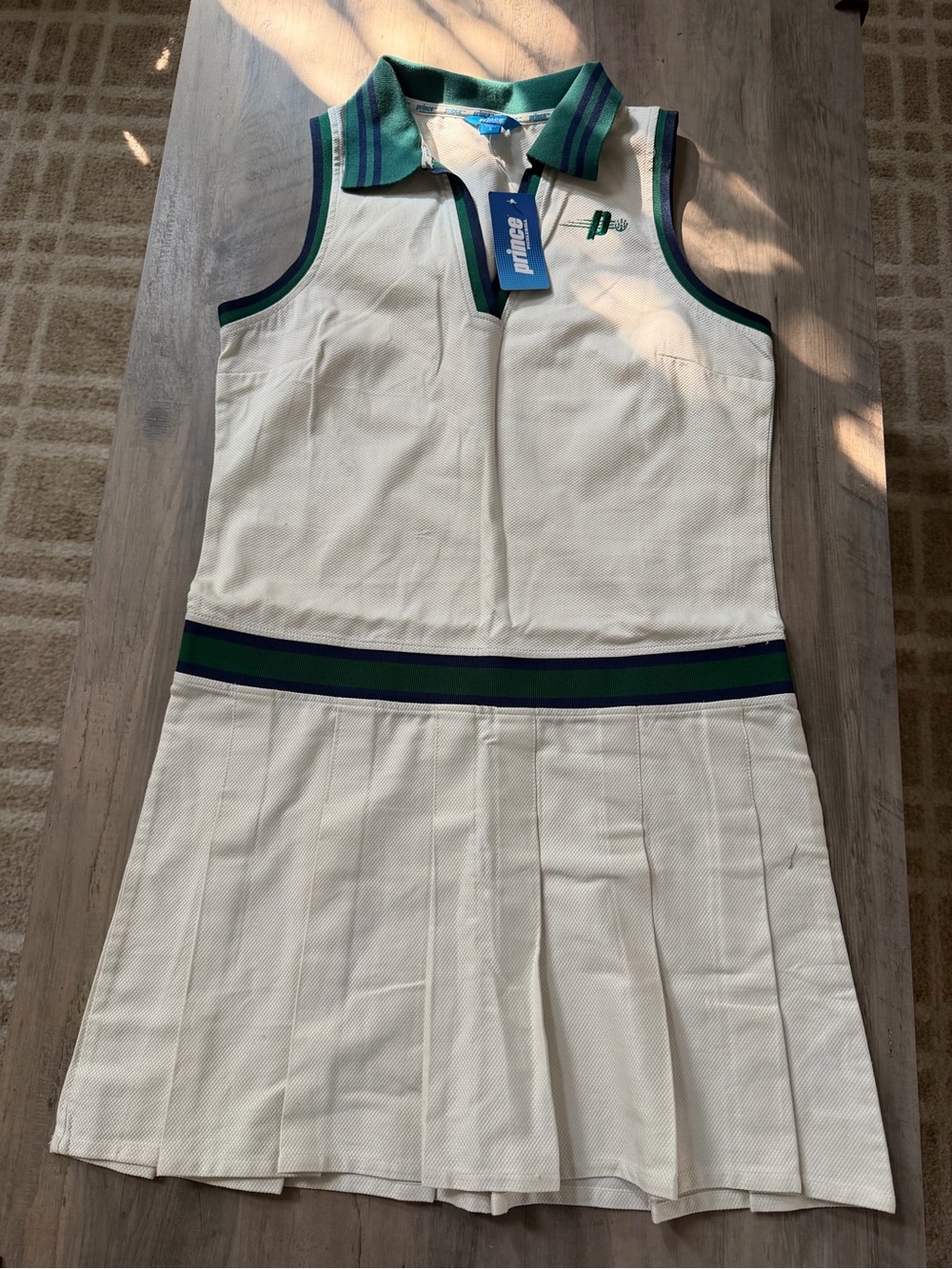 Prince White Sleeveless Tennis Dress with Green & Navy Trim Small NWT